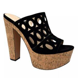 Pelle Moda Peep Toe Women's Platform Block Heel Sandal Size 7.5 Black Suede Cork